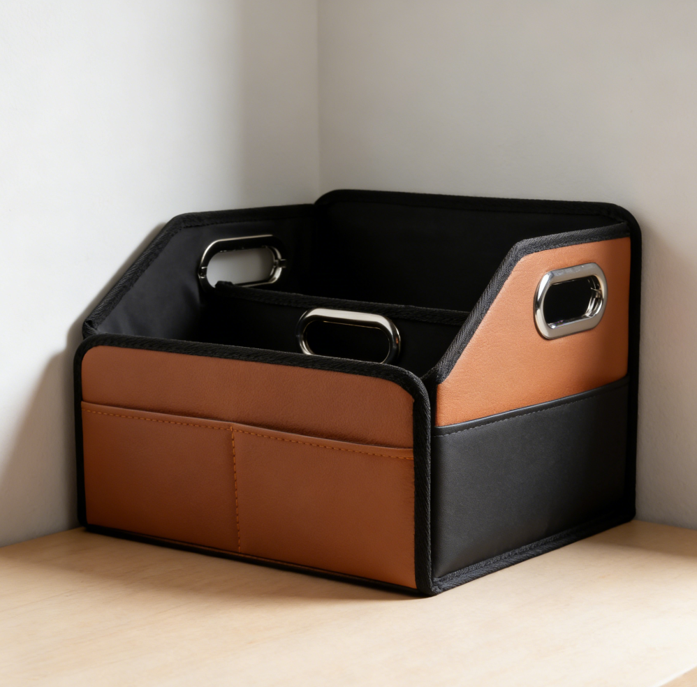 10 Brown Leather Car Storage Box 6 Compartments Metal Handles 2-Pack - Image 1